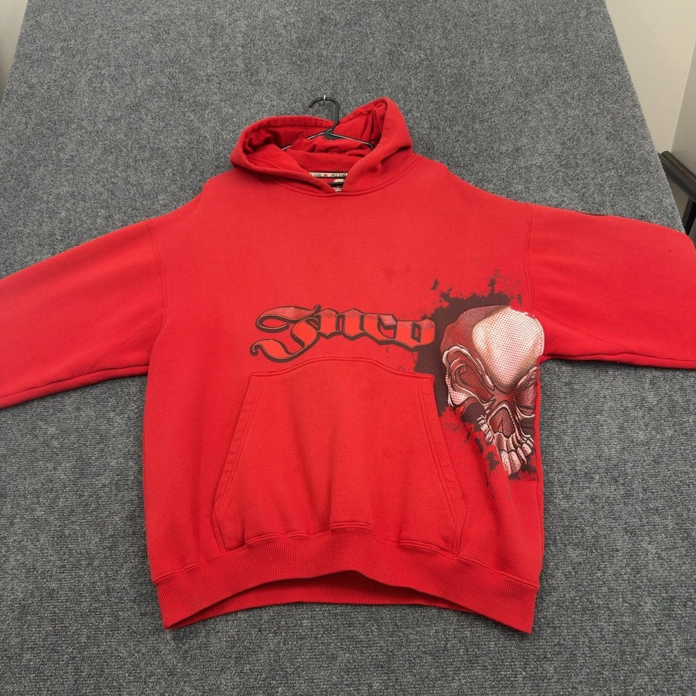 Vintage JNCO Jeans Hoodie XL Red Cotton Fleece Skull Graphic Streetwear Y2K Goth